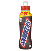 A 350ml bottle of Snickers Chocolate Milk Shake Drink with a red cap, £1.59 label, and Snickers logo—a high protein chocolate caramel peanut milkshake from the Snickers brand.